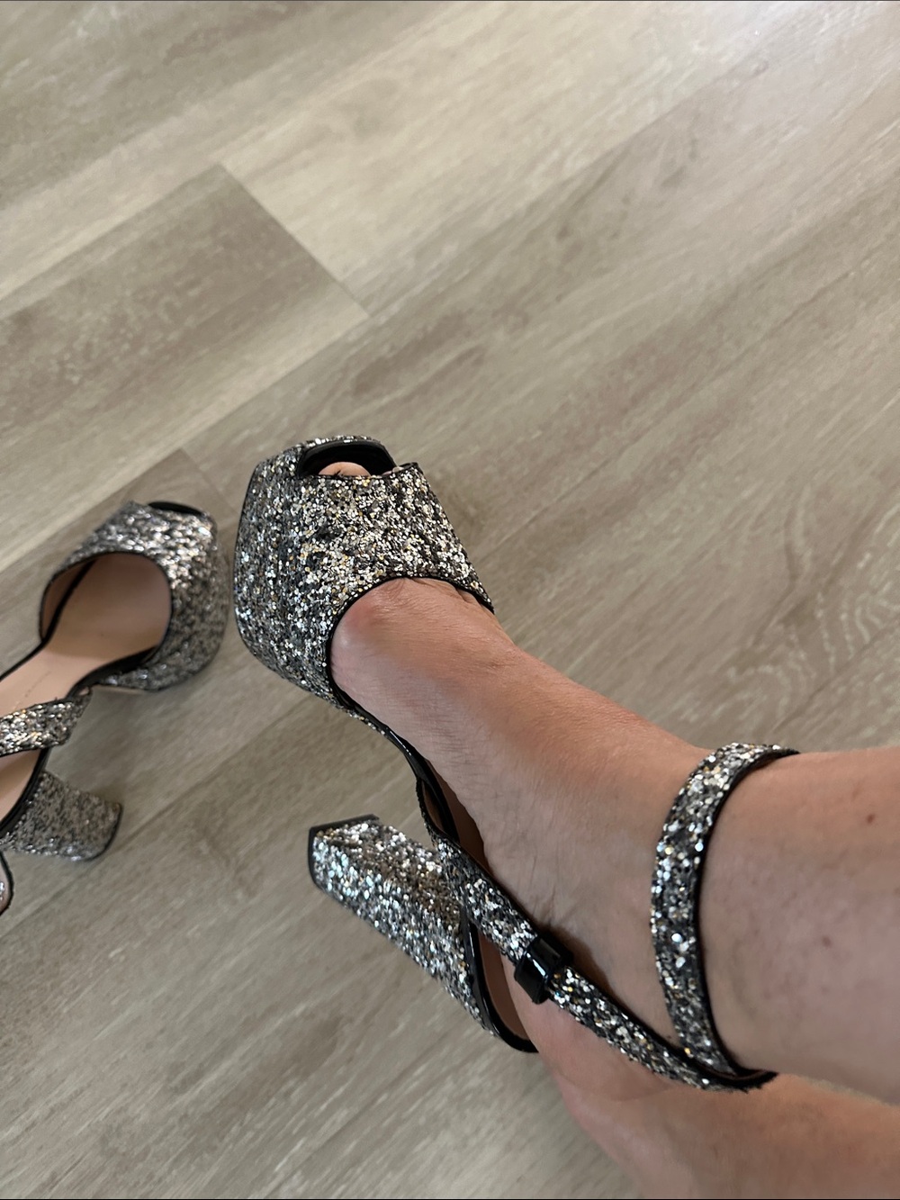 Glitter Platform Peep-Toe Ankle-Strap Heels - Silver